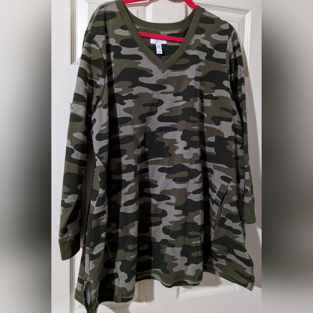 Denim & Co Active Camo Printed French Terry Tunic w pockets. Deep Olive …